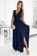 Robe de soirée élégante longue encolure en cœur fente sur la jambe tissu extensible bleu marine femme