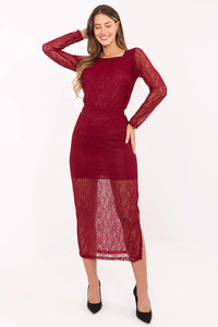 jupe midi dentelle bordeaux fourreau ajustée manches longues transparentes florale encolure bateau doublure courte overlay semi transparente fente taille élastique