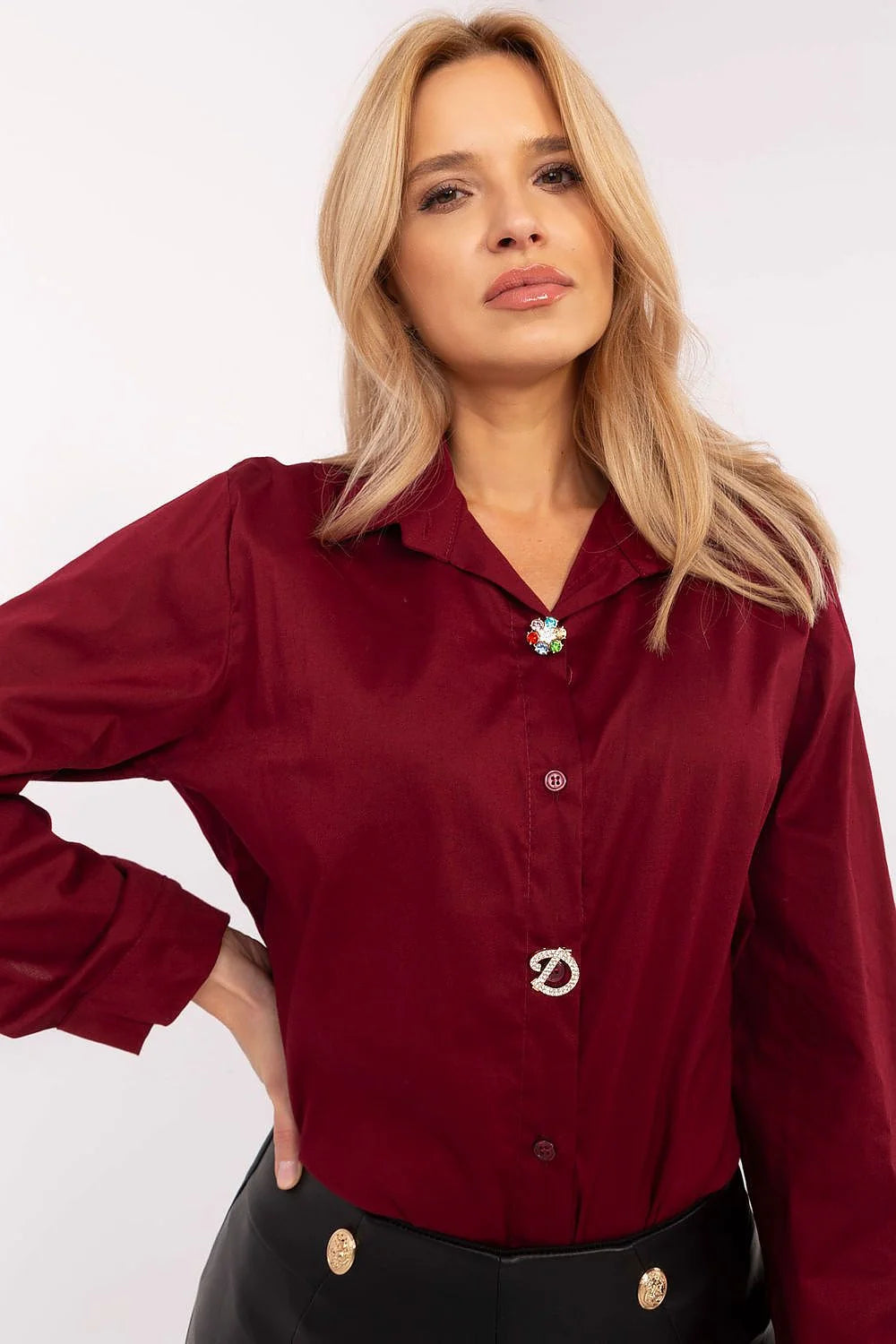 Chemise élégante pour femme manches longues couleur bordeaux Italy Moda coupe classique tissu de qualité coton polyester occasionnels travail soirée
