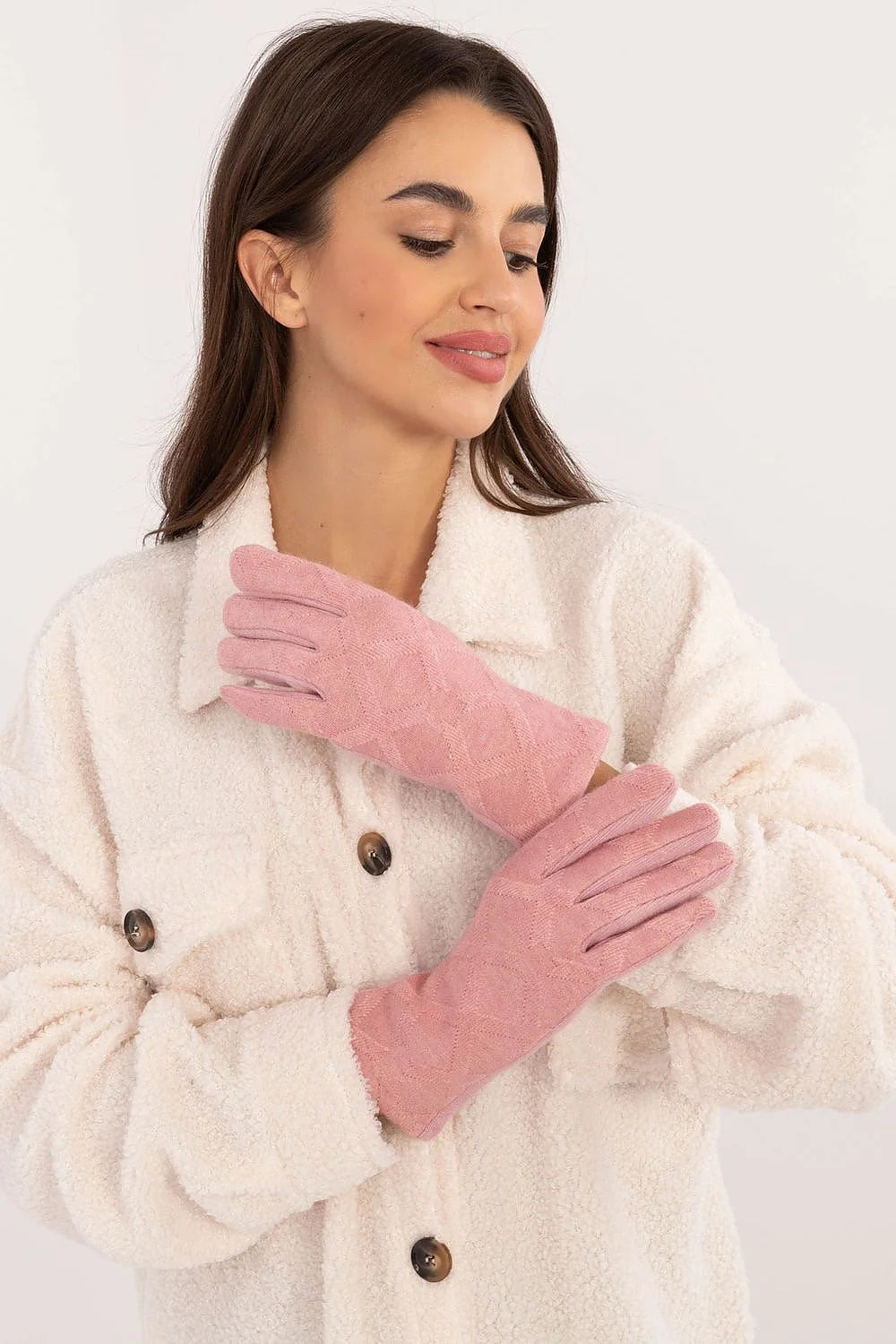 Gants élégants pour femmes en suédine rose tendre motif losange broderie fleur index ajustés occasion hiver soirées froid