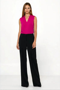 pantalon noir taille haute coupe ample allongeant jambes ceinture extensible confortable stretch polyester élasthanne élégant bureau chic tombé