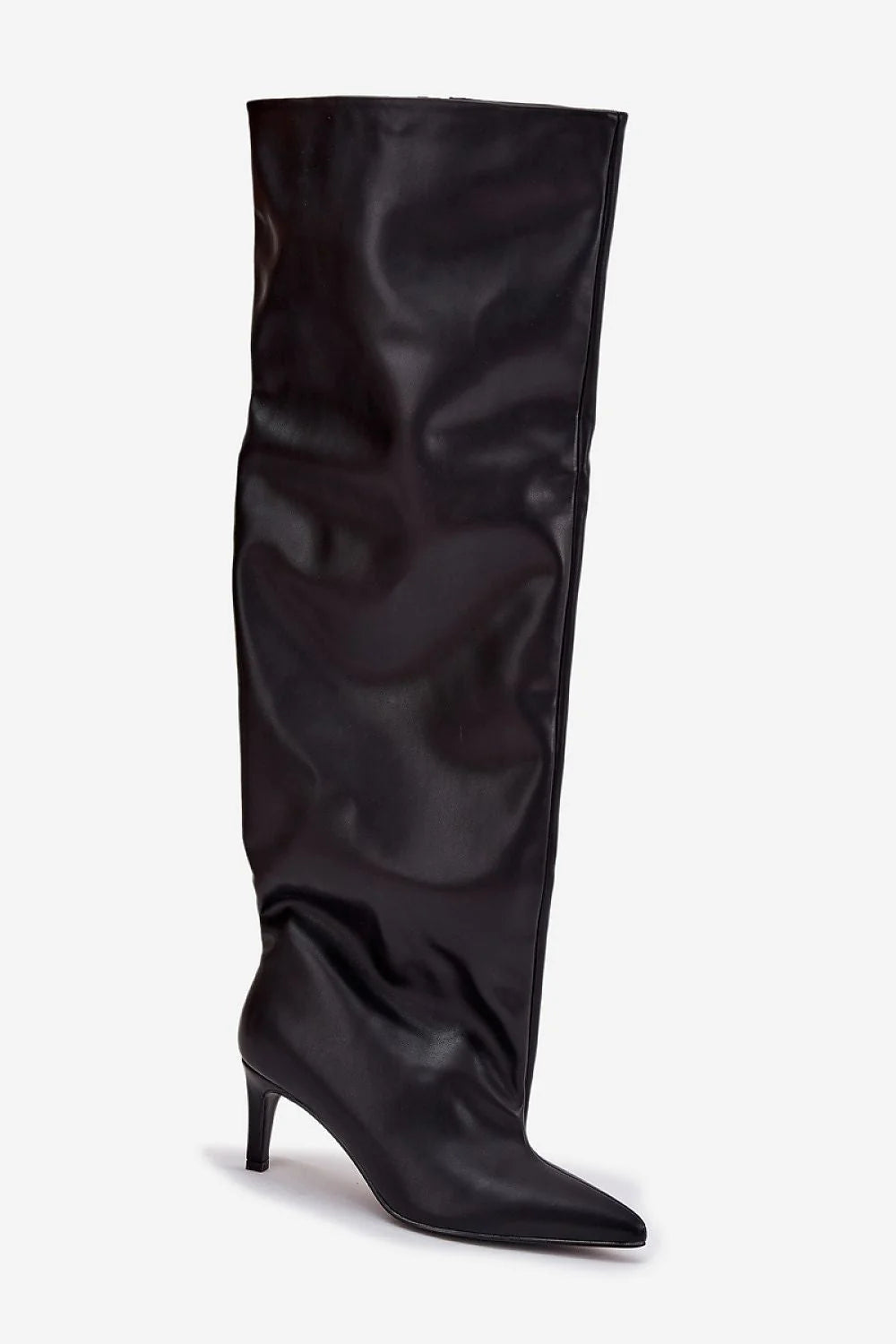 cuissardes femme similicuir noir tige haute tombé froncé talon aiguilles fin 7cm bout pointu élégant sensuel urbain soirée