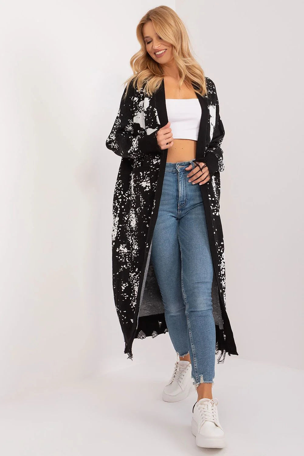 Cardigan pour femme long motif éclaboussures peinture noir blanc acrylique doux manches longues confort coupe ample mode artistique