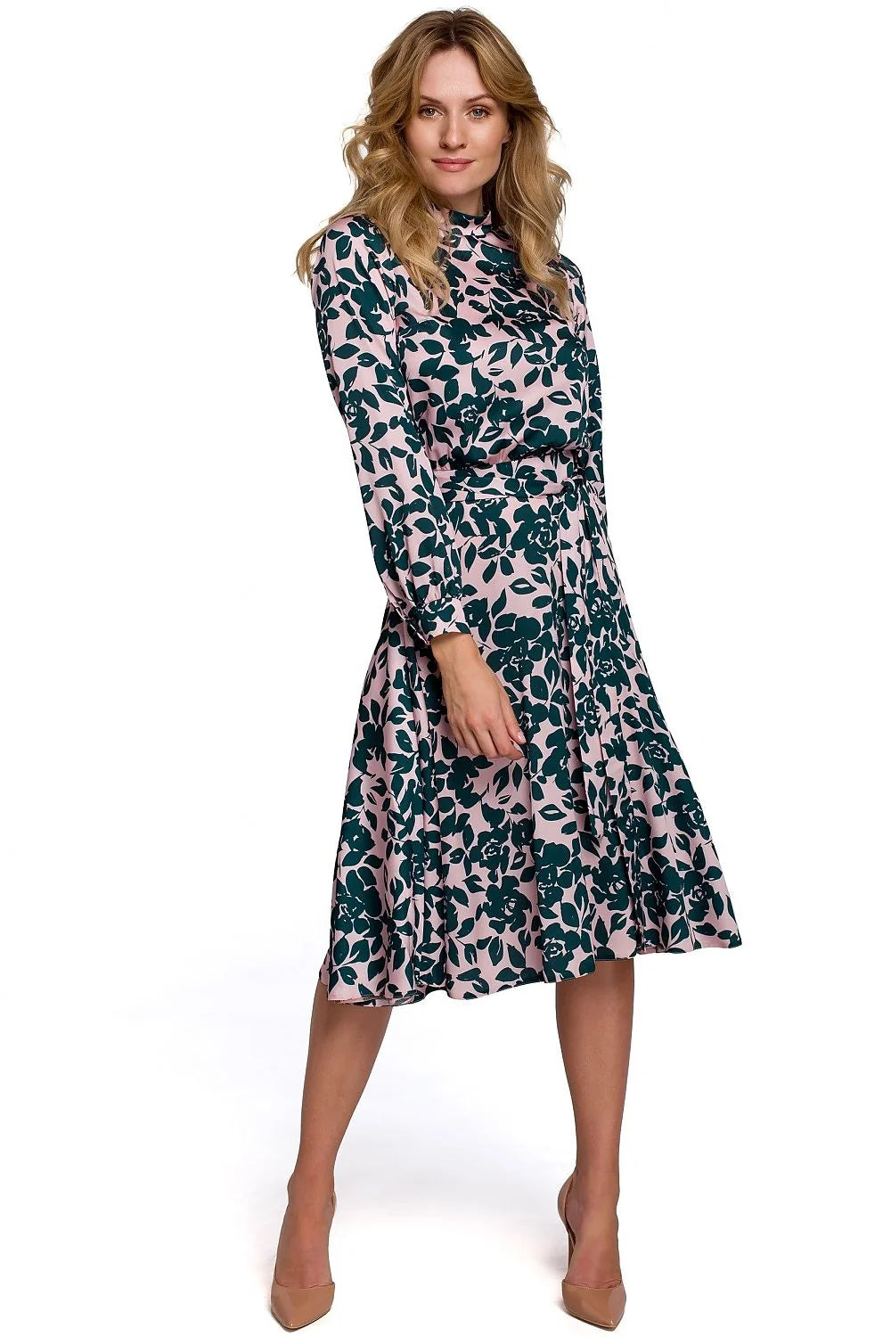 Robe femme polyester romantique coupe évasée col montant élégante florale contrastée idéale toutes occasions