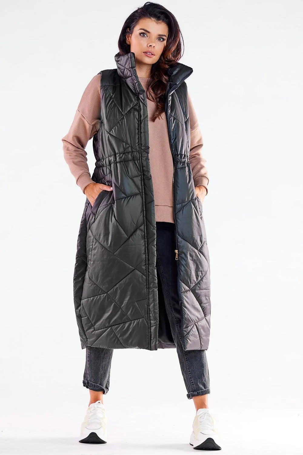 Gilet awama doudoune longue sans manches pour femmes coupe moderne col montant matelassé en diagonale couleur rouge vif polyester 100% taille S/M L/XL