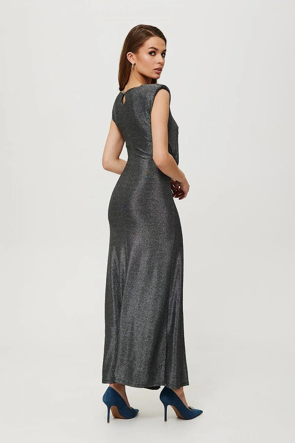 Robe longue Makover élégante sans manches en tricot fil métallique anthracite fente haute épaulettes structurées
