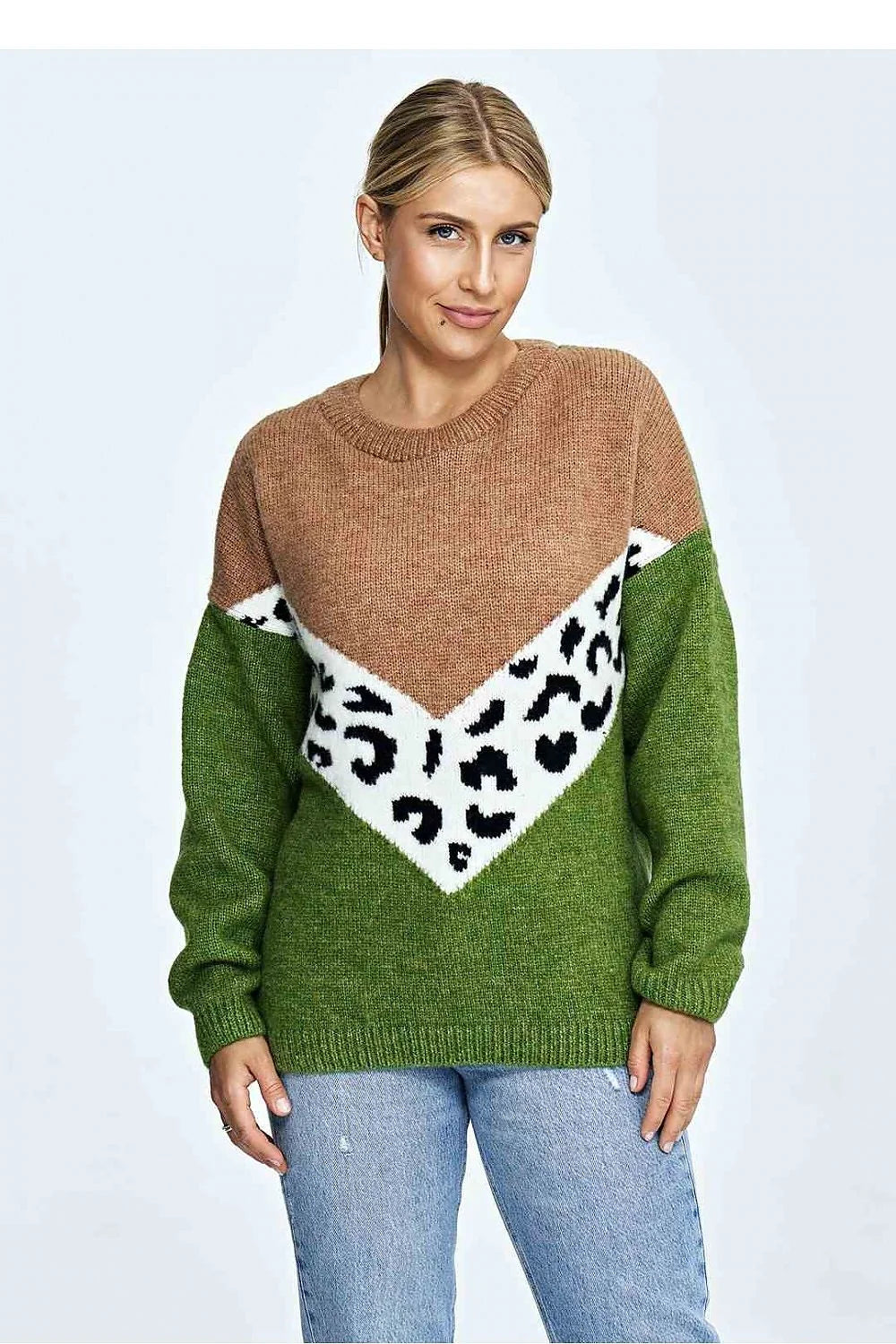 Pull audacieux multicolore femme design moderne blocs de couleur motif animalier manches longues col rond