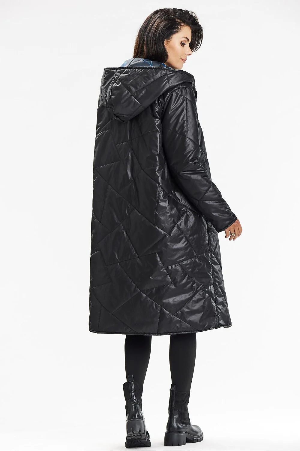 Manteau long pour femmes à capuche double face fermeture éclair matelassé style contemporain noir doublure carreaux bleus hiver