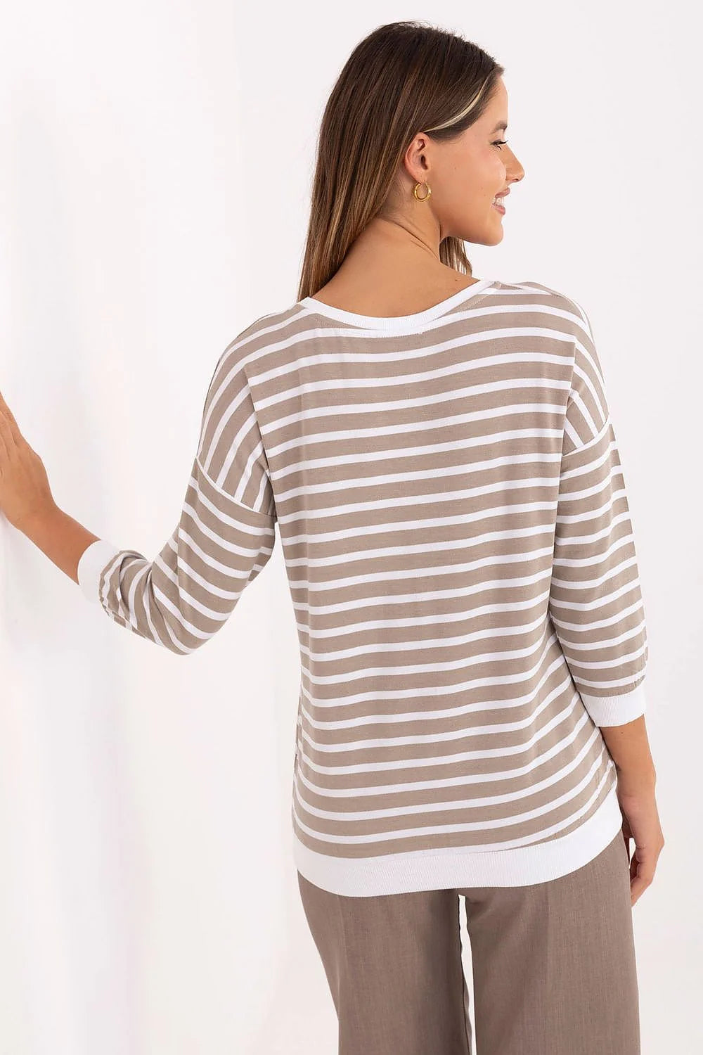 chemisier femme micromodal doux élasthanne extensible coupe oversize manches longues encolure ronde rayures horizontales taupe blanc bordcotes brodé