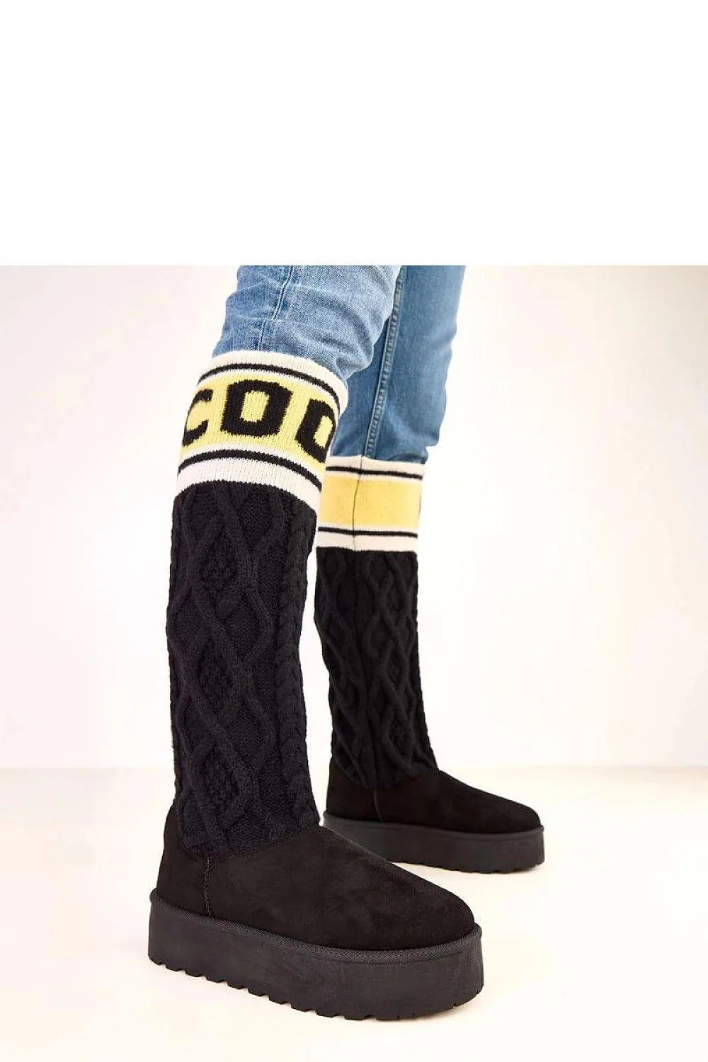 bottes neige femme tige40cm cuir écologique suédine noires maille torsadée bandeécrujaune côtelée boutrond plateforme5cm semellecrantée isolationthermique confortables élégantes