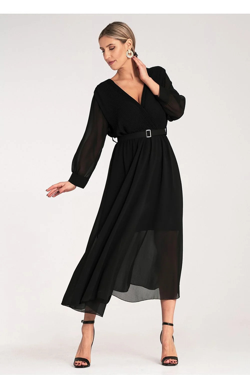 Robe de cocktail élégante longue manches longues en V croisé noire taille ajustable femme soirée