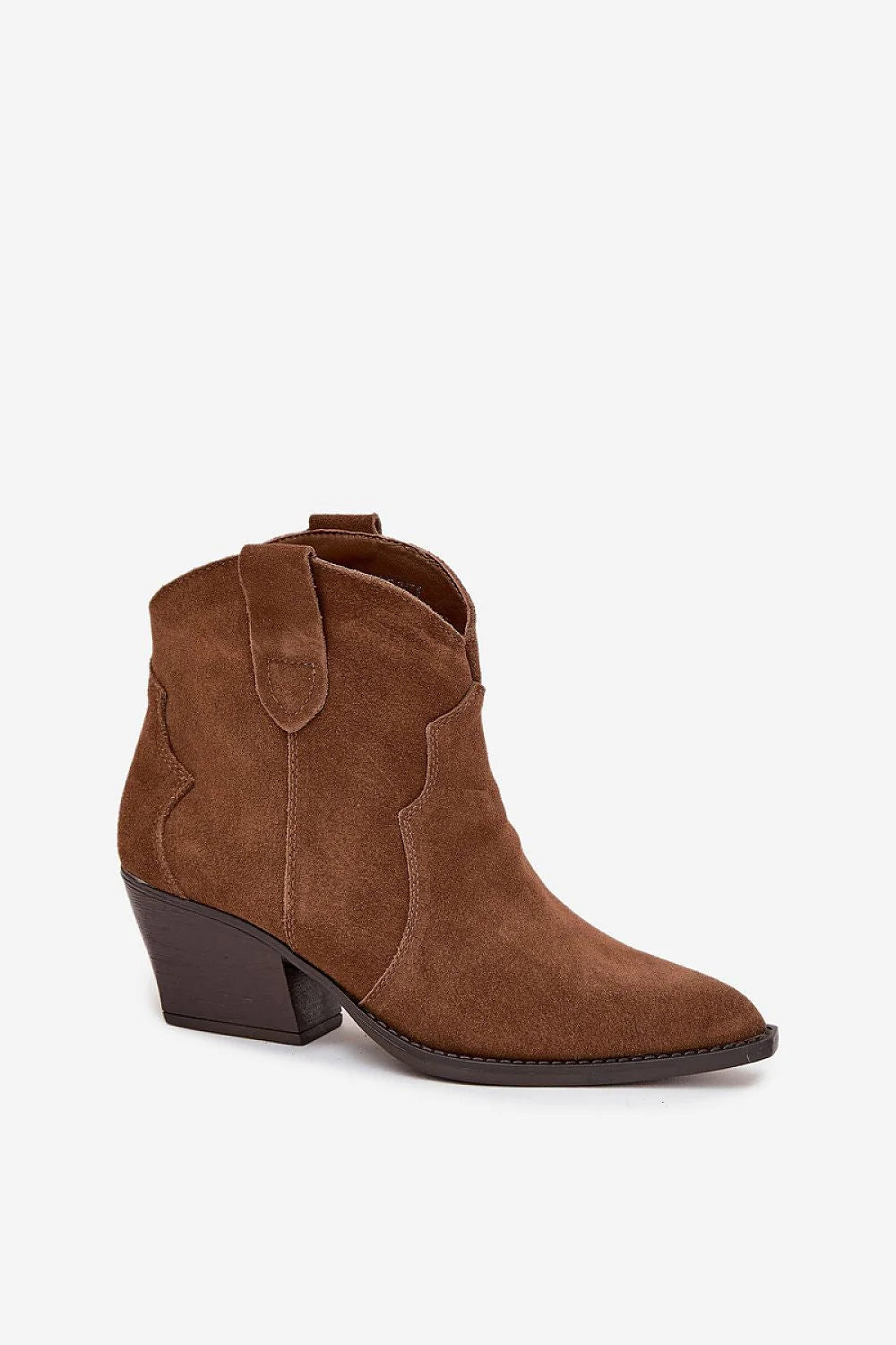 bottines femme daim naturel marron style western cheville bout pointu talon biseauté empilé stable doublure fourrure surpiqûres semelle robuste casualchic