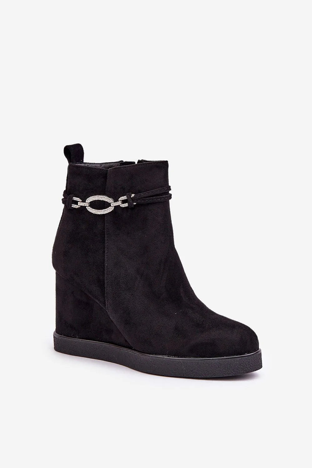 Bottines cothurnes pour femmes modernes élégantes suédine noire zip latéral boucle métal talon compensé chauffe confort mi-saison ville casual semi-formel
