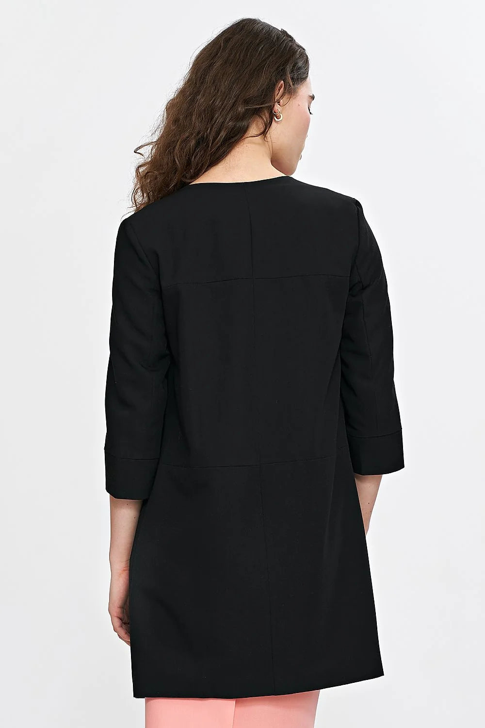 Veste élégante noire pour femme, coupe droite, manches 3/4, sans fermeture, occasion formelle ou Casual