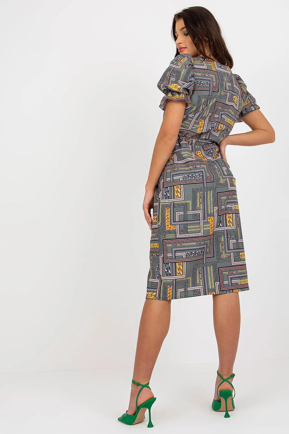 Robe de jour Lakerta design audacieux motifs géométriques couleurs audacieuses femme taille ajustable manches courtes encolure V style semi-formel
