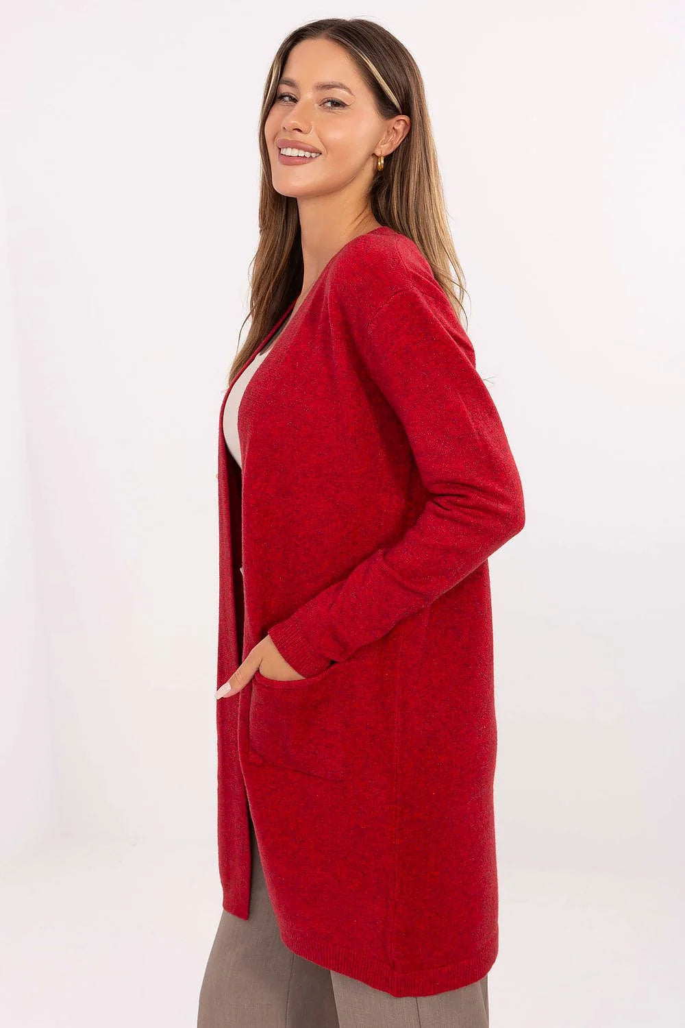 cardigan long femme ouvert rouge maille douce manches longues poches plaquées bords côtelés coupe relaxed mi cuisses polyvalent