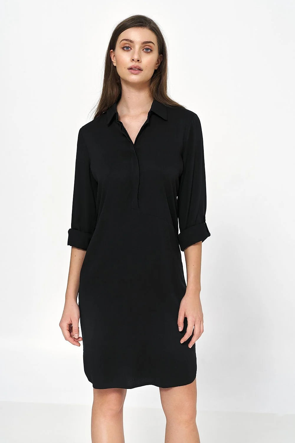 robe oversize viscose noire manches longues retroussables ceinture intégrée chemisier col droit boutonnage coupe droite fluide longueur genou élégante