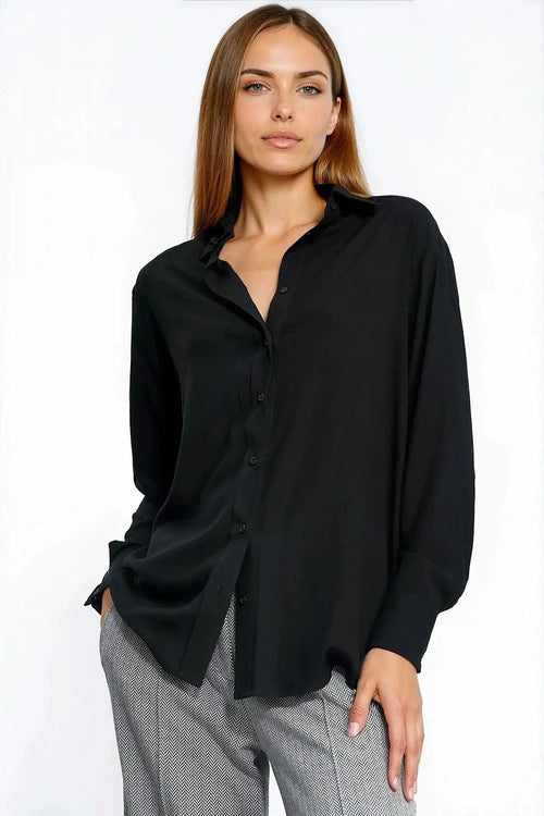 chemise noire manches longues col classique oversize fluide soyeuse viscose confortable tombé élégant décontracté boutons poignets arrondie légère bureau superposer