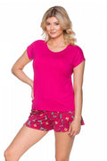 pyjama Lupo Line femme deux pièces manches courtes col rond viscose fuchsia short taille élastique motif floral grandes fleurs rouges