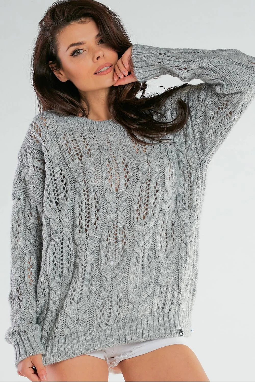 Pull femme oversize maille torsadée encolure ronde manches longues côtelé couleur bleu vif matériau polyamide polyacrylique polyester
