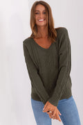 Pull pour femme en coton et acrylique vert olive profond, manches longues, encolure en V, motif torsadé, coupe ajustée, idéal pour les saisons fraîches