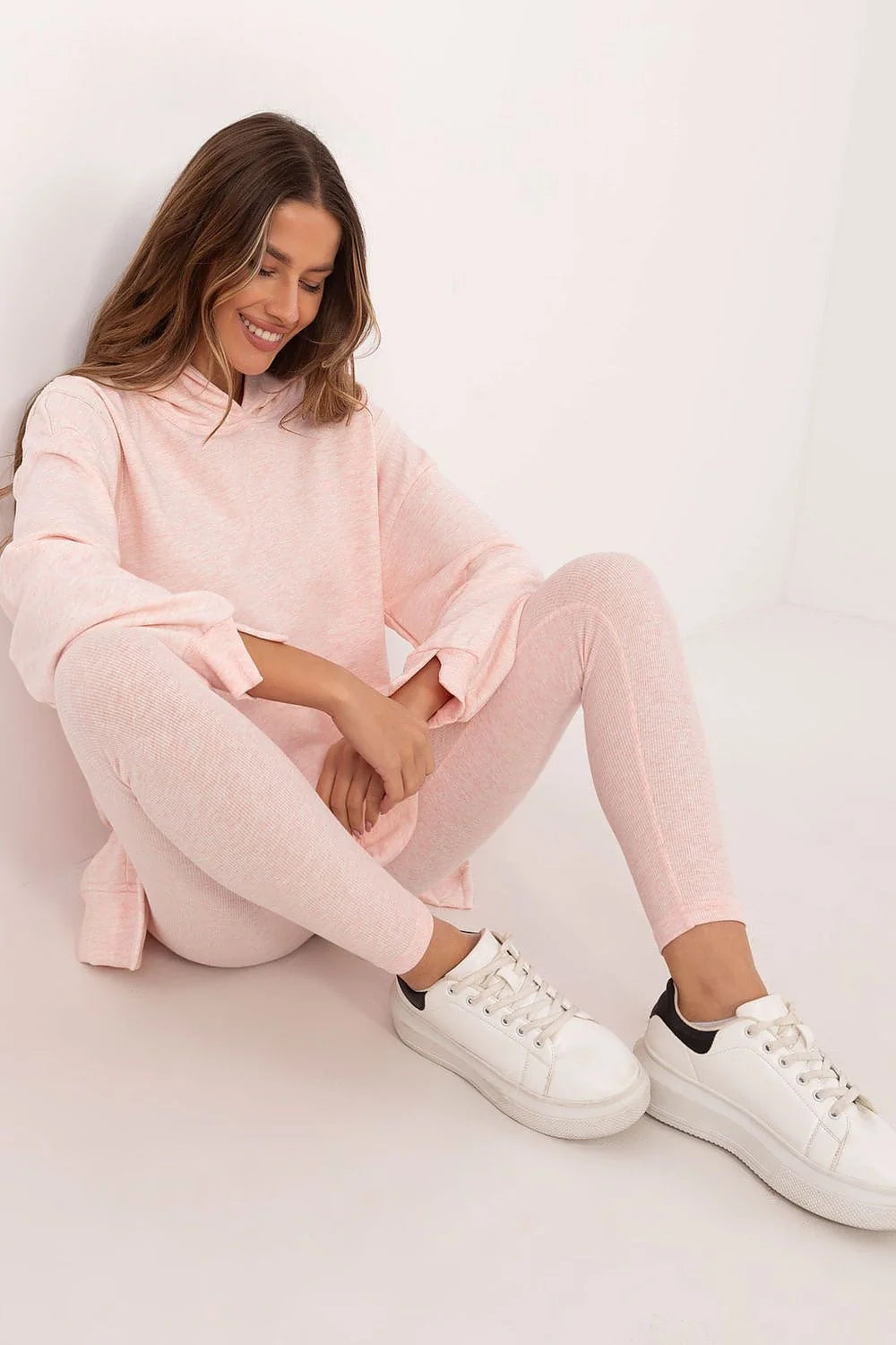 Ensemble femme détente sweat-shirt capuche oversize legging高腰 rose pâle unie mélange coton élasthanne confort moderne loungewear