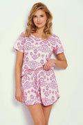 pyjama femme court élégant confortable coton doux respirant rose pâle imprimé paisley cœurs col rond volants short oversize