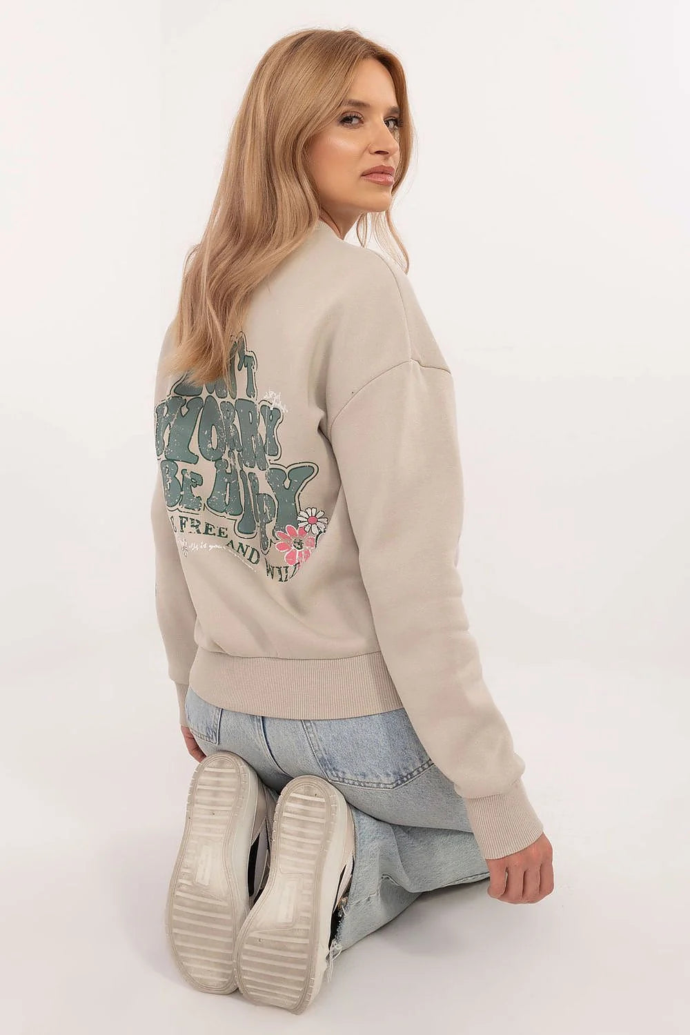 Sweatshirt Sublevel pour femme beige graphiques fleurs manches longues encolure ronde coton polyester
