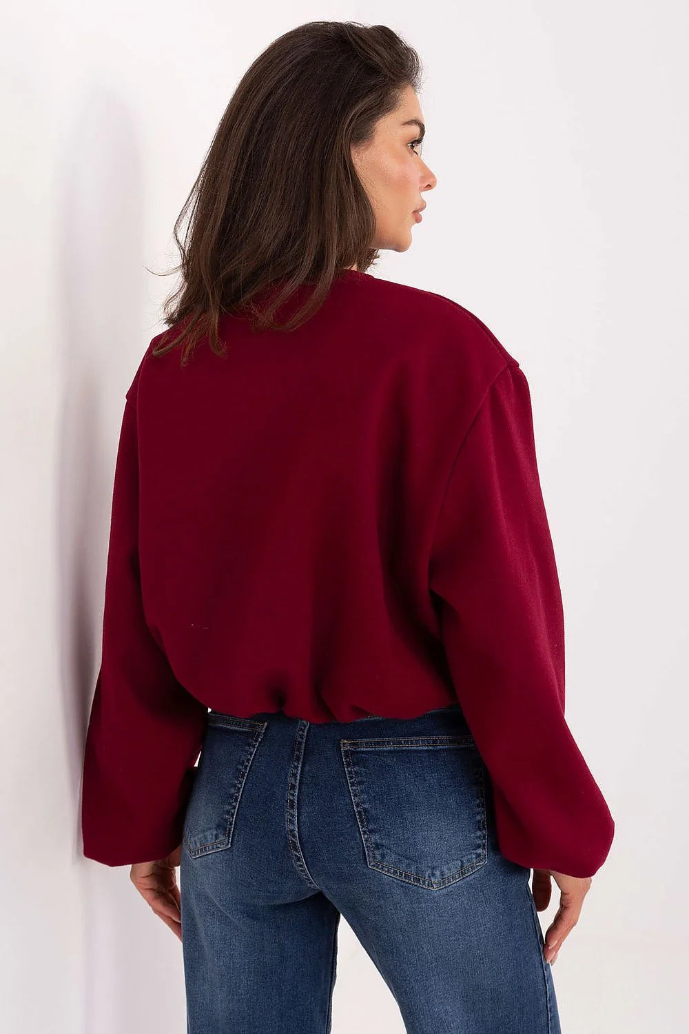 veste femme bomber zippée bordeaux coupe courte boxy chic automne lainage feutre col rond manches ballon poches élastiqué