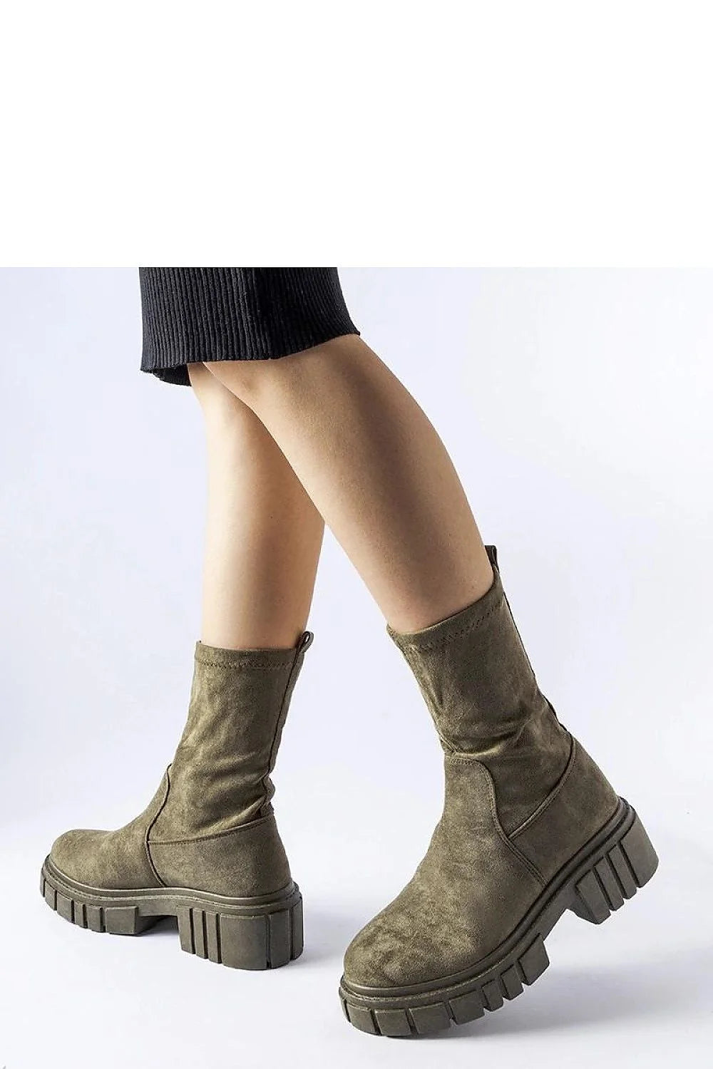 Bottes Solea kaki suédine mi mollet pullon plateforme semelle crantée talon bloc bout rond stretch confortable durable antidérapante