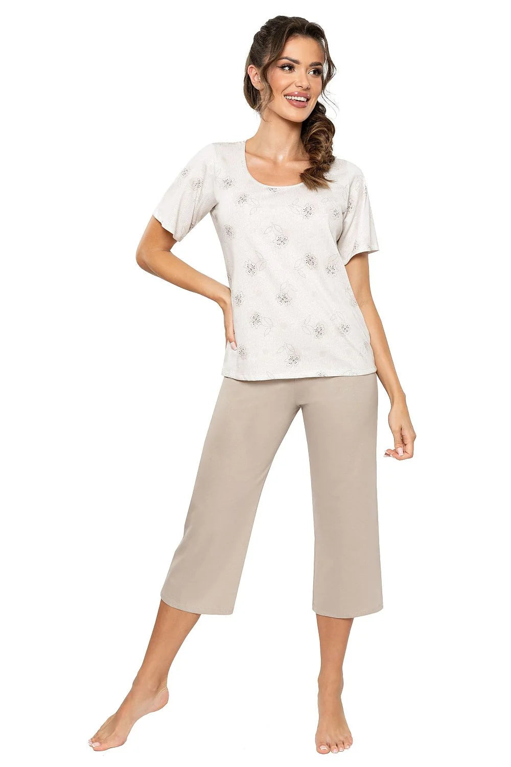 pyjama femme élégant confortable coton imprimé floral beige haut manches courtes col rond pantalon capri taille élastique coupe ample respirant