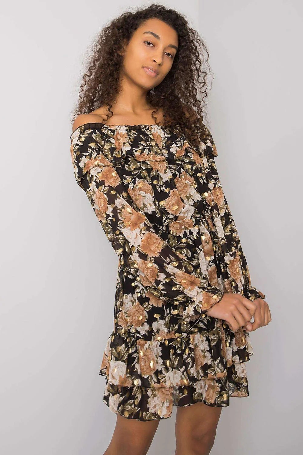Robe de jour Italy Moda style espagnol décolleté Bardot manches longues élasthanne polyester viscose taille universelle 85 cm 92 cm