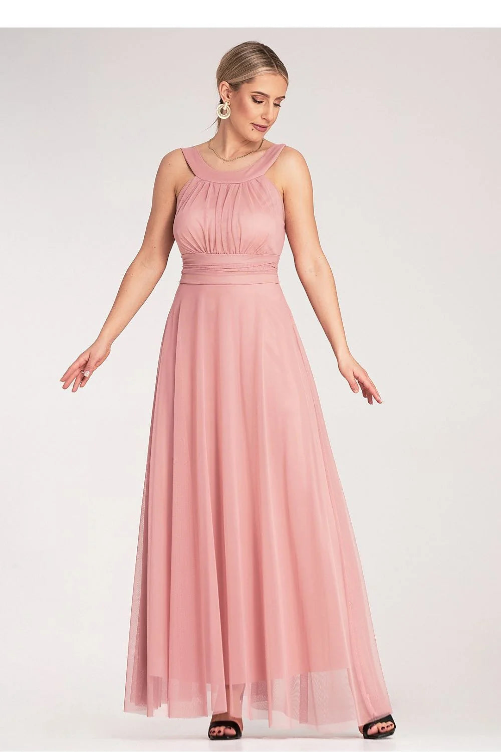 Robe de soirée élégante longue sans manches col montant plissé rose poudré polyester taille ajustable femme