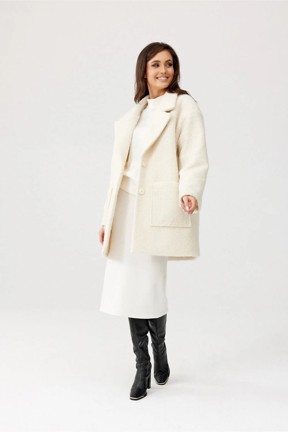 Veste longue Roco Fashion en laine bouclée beige femme style élégant coupe droite ample printemps automne