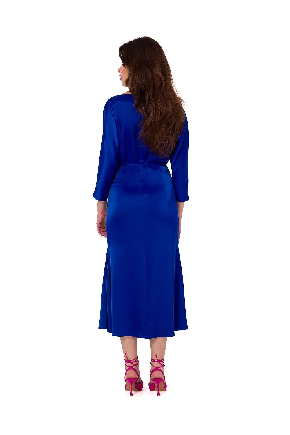 Robe de soirée Makover élégante couleur bleu vibrant tissu satiné manches kimono longues ceinture assortie taille ajustable sans doublure femme