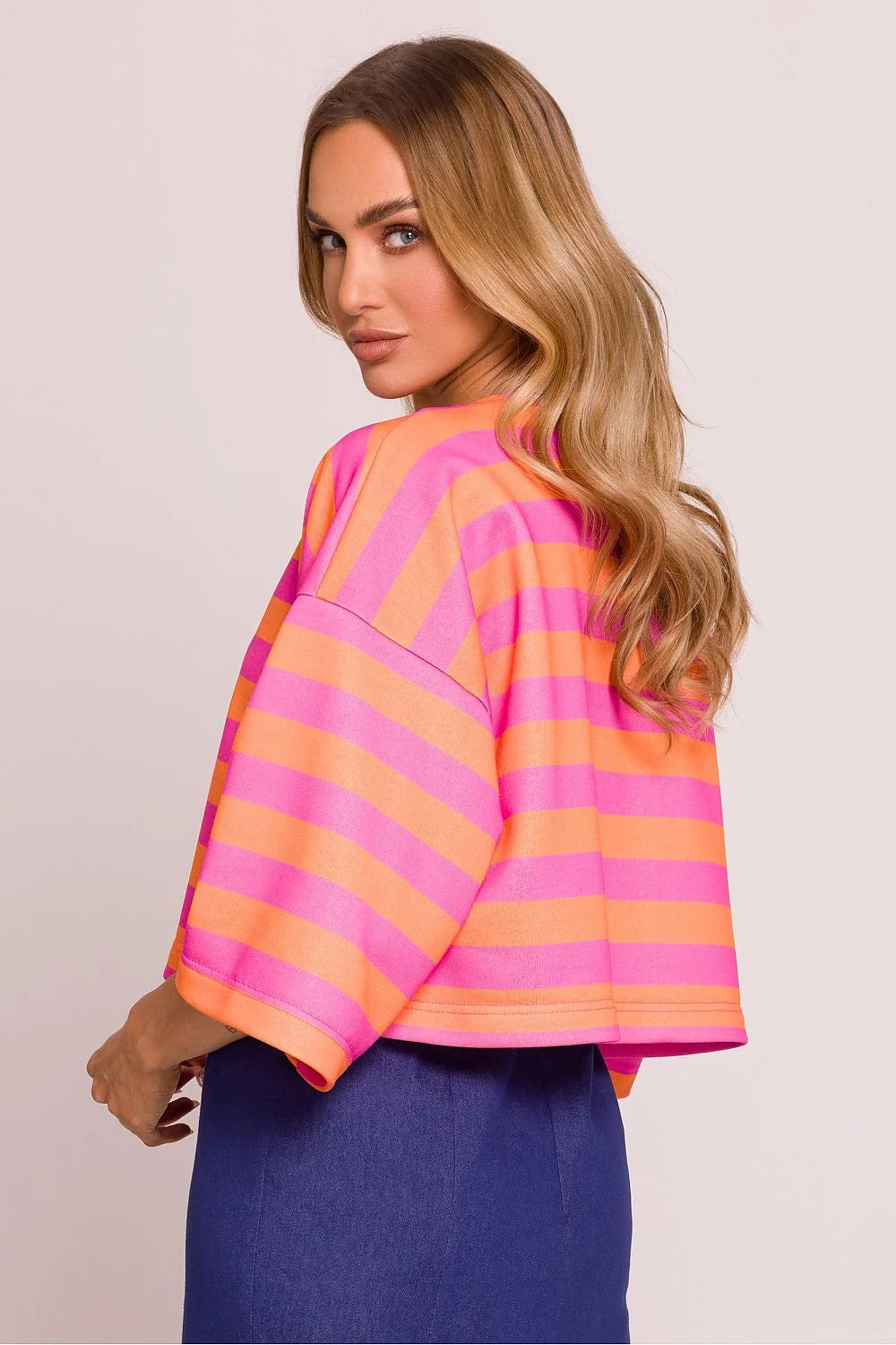 Haut femme crop top rayures horizontales rose orange maille douce coupe oversize manches larges 3/4