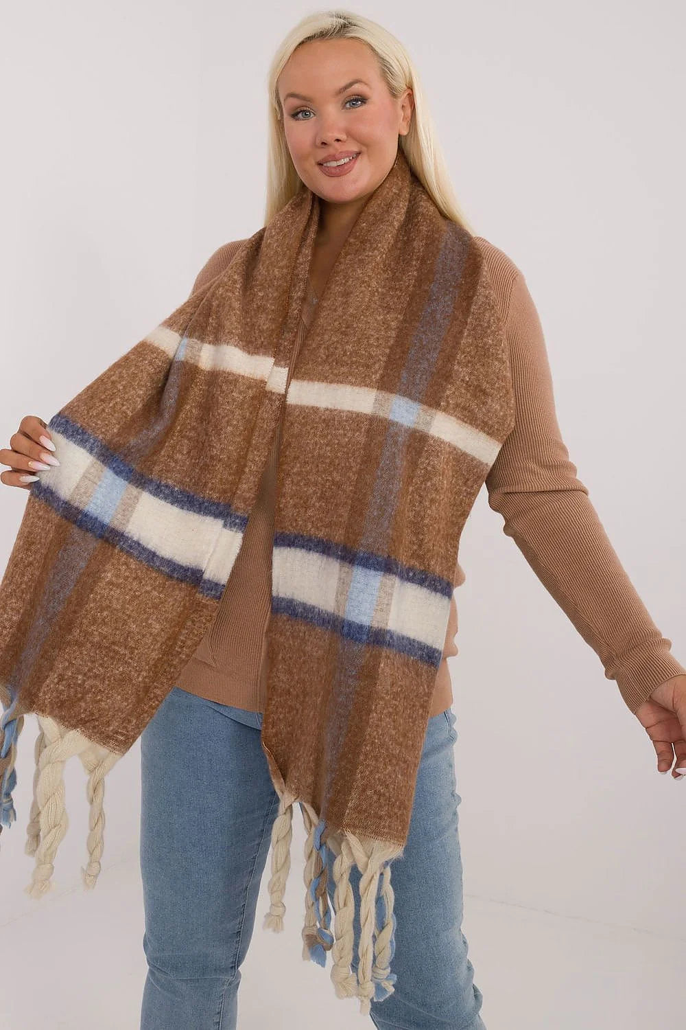 Écharpe en polyester à carreaux pour femme, longue, large, franges torsadées, style cosy, automne hiver, polyvalente, douce, chaleureuse