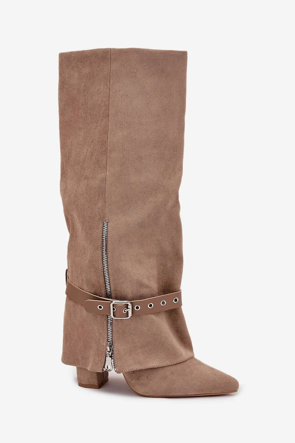 bottes hautes femme suède taupe effilée bout pointu talon carré bas chic confortable tige souple froncée