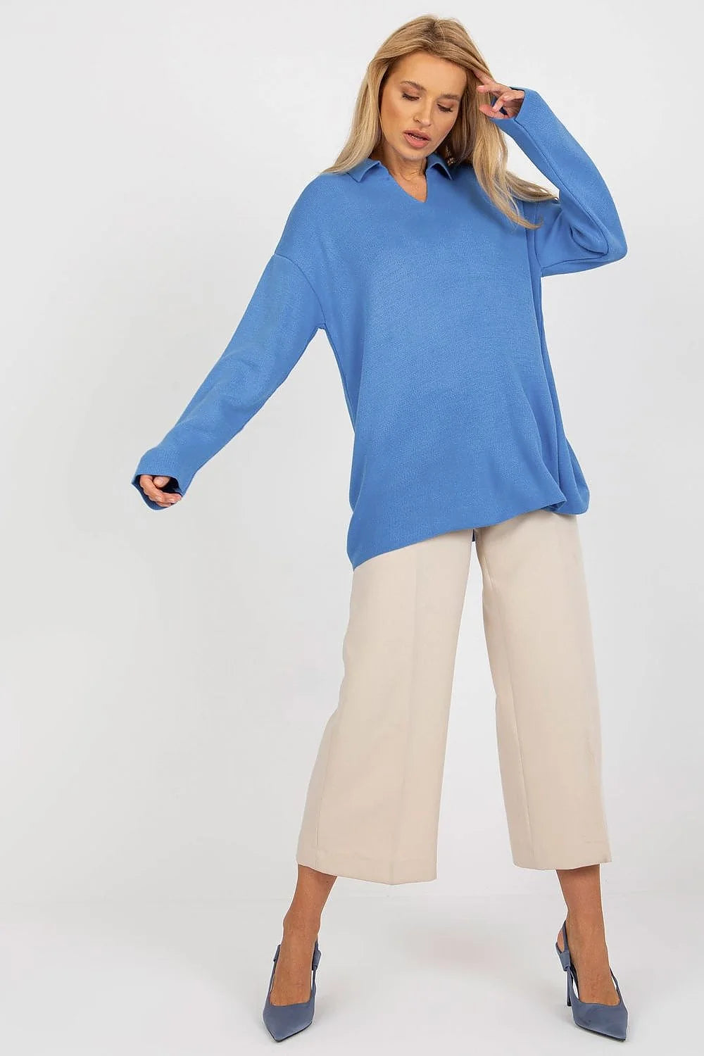Pull-over femme Rue Paris rouge vif ample manches longues encolure ras du cou acrylique 100% tailles universelles mode Casual