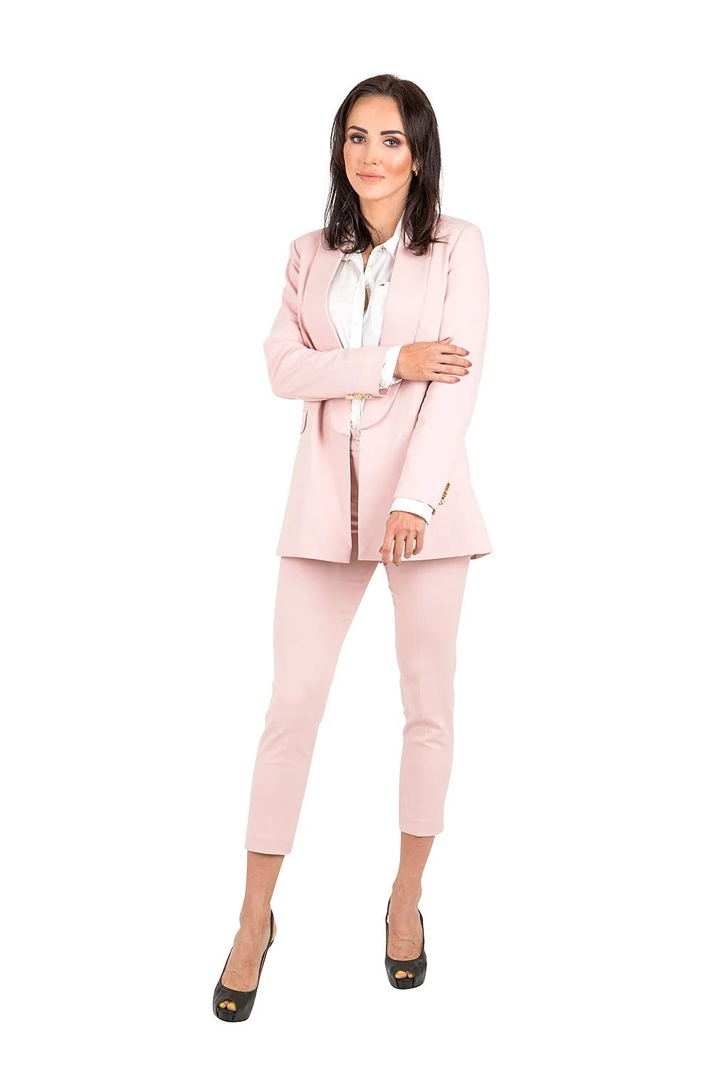 Veste et pantalon tailleur pour femme style professionnel élégant rose pâle matière légère extensible