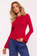 Chemisier élégant pour femmes en rouge vif manches longues évasées coupe ajustée tricot côtelé matière douce et confortable