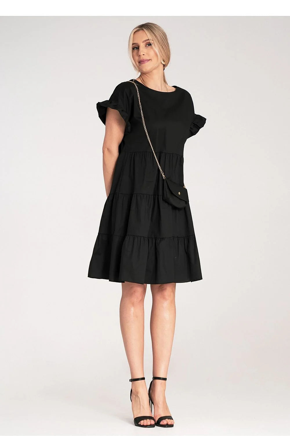 Robe de jour élégante noire femme coupe ample babydoll manches courtes volants