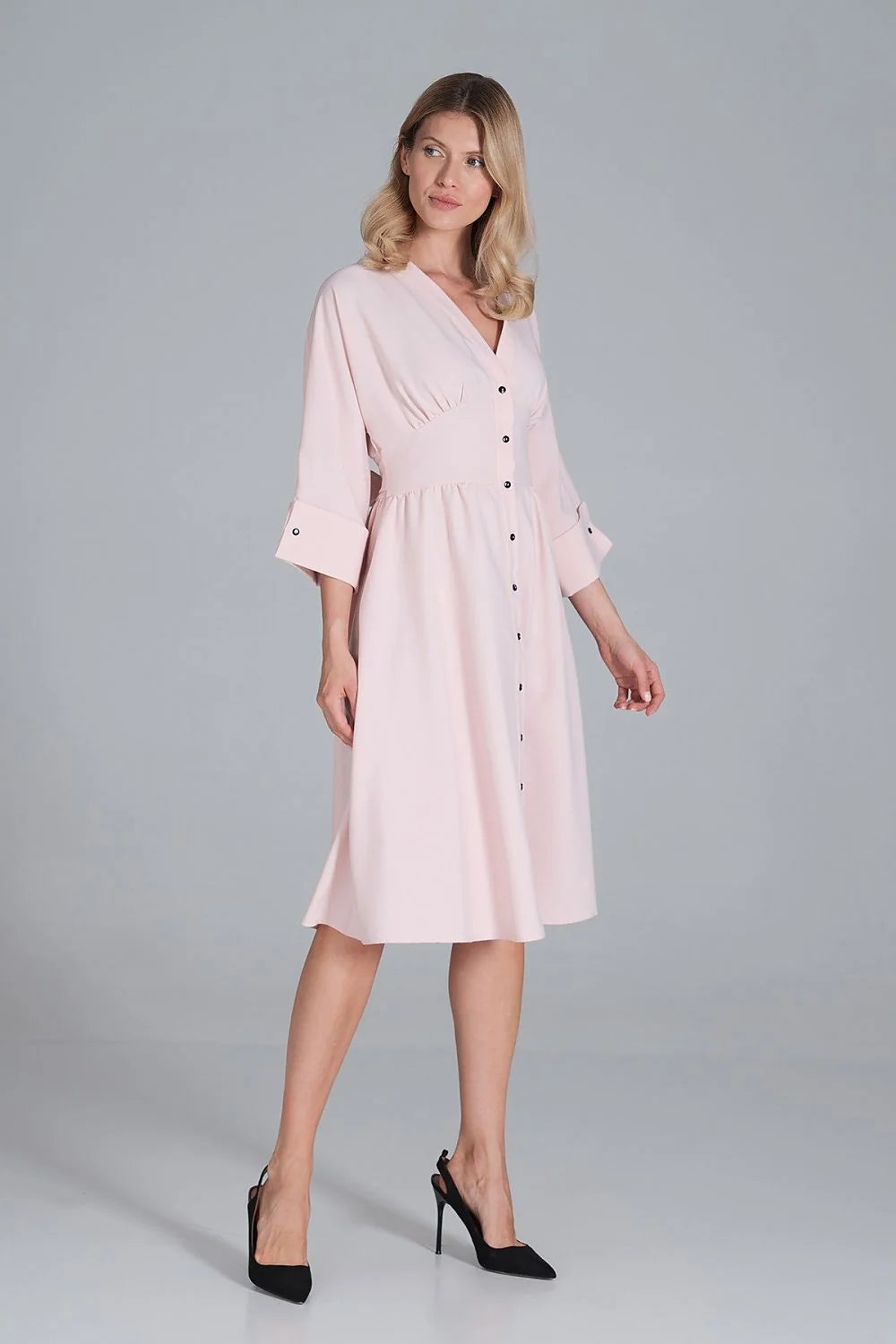 Robe midi polyester élégante rose vive manches trois-quarts boutons col V femme mode chic