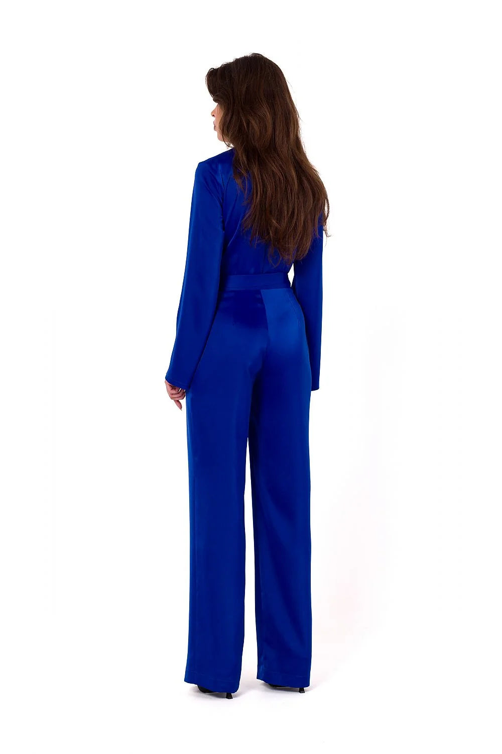 Combinaison élégante pour femme bleu vif tissu satiné manches longues encolure en V ceinture intégrée taille ajustable pantalon large