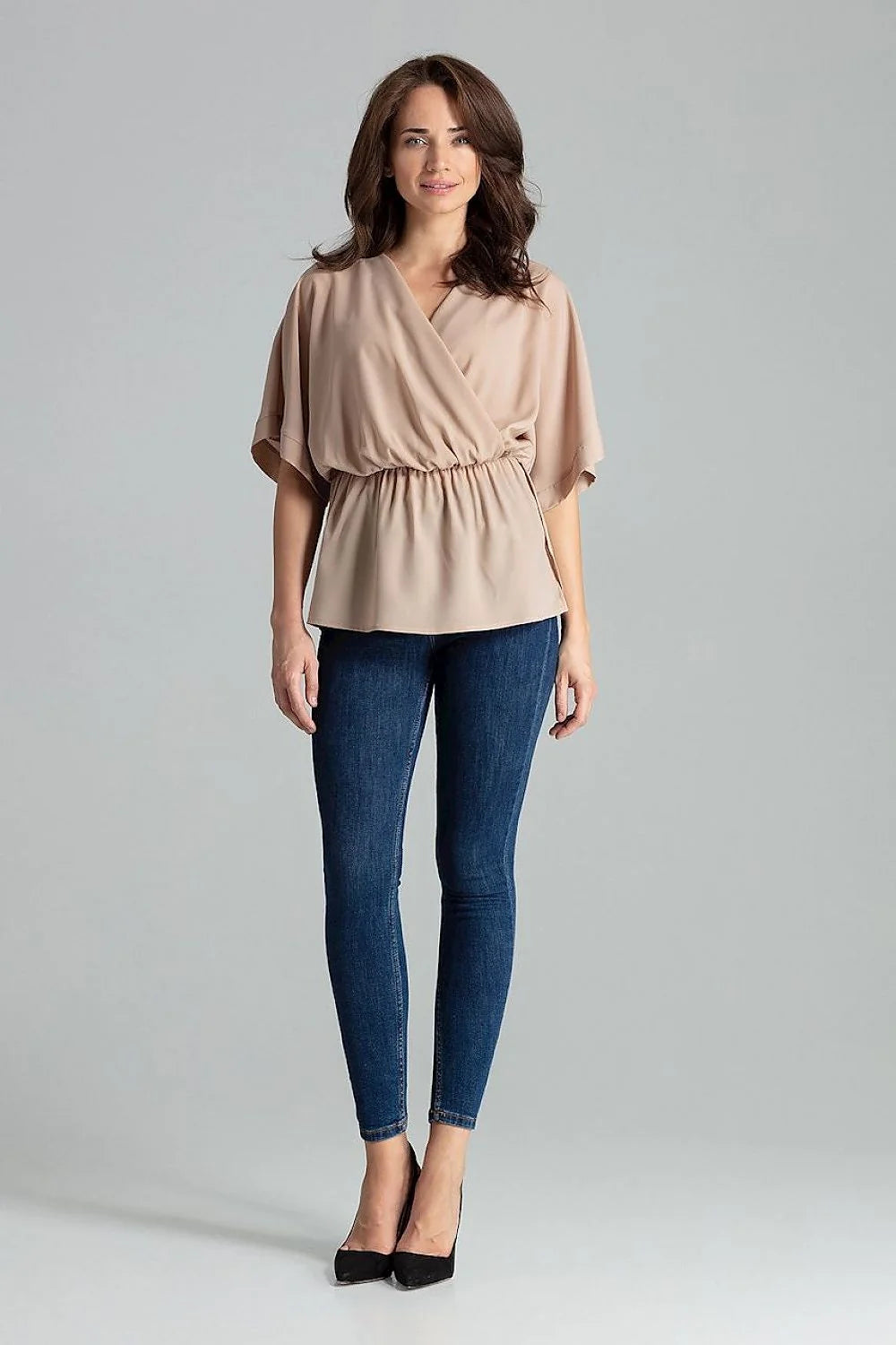 chemisier ample beige Lenitif manches kimono col V cachecoeur élégant tendance femme moderne fluide taille élastique fronces crêpe casualchic blousant