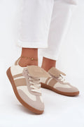 sneakers femme basses similicuir daim textile beige crème languette oversize repliée semelle gomme brun semelleintérieure mousse amorti confortable lacets ajustables