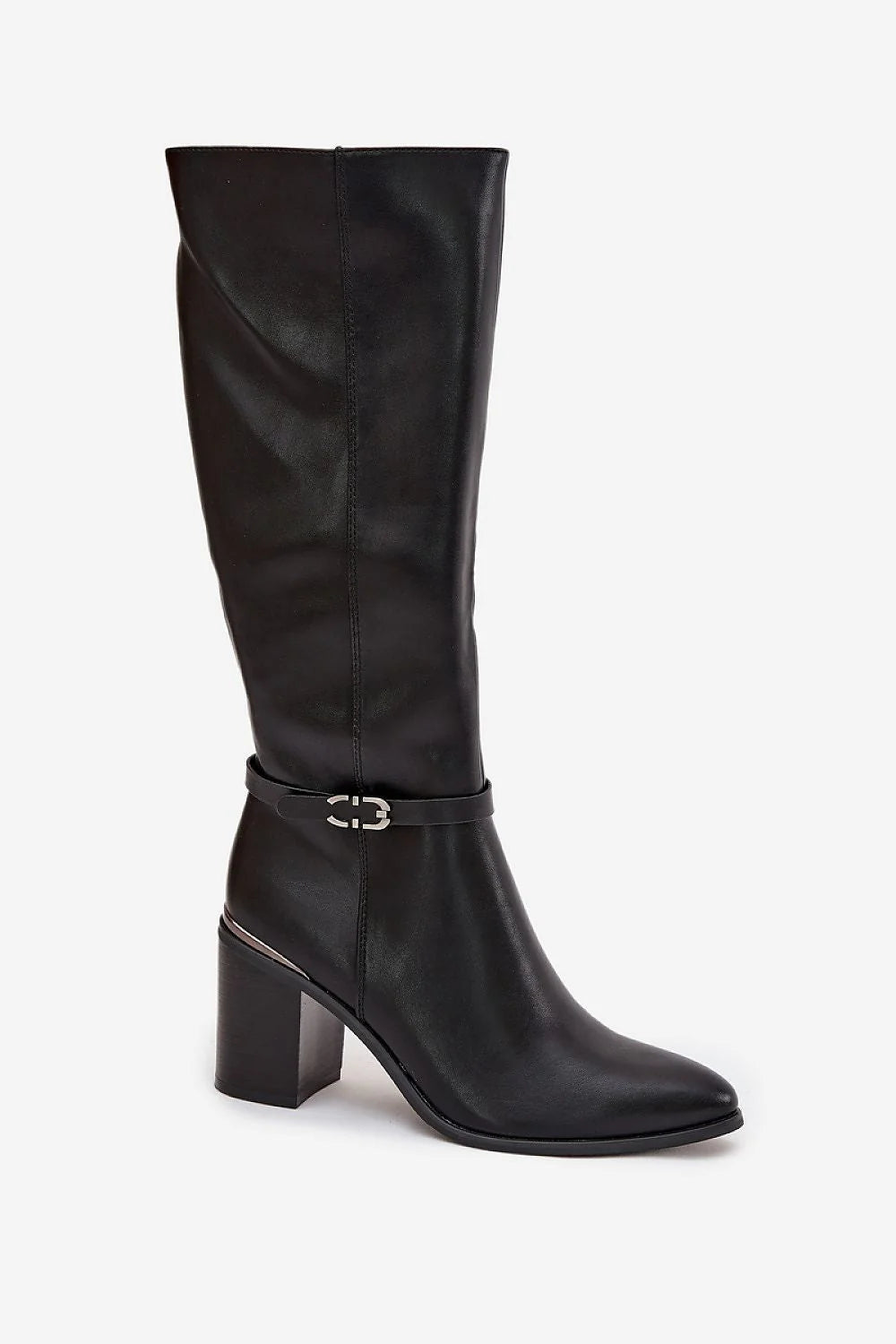 bottes mousquetaires femme simili cuir noir tige haute bout amande talon colonne bride boucle métallique fermeture zippée doublée confortable élégante