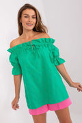 Chemisier femme court espagnol col élastique volants tissu vert brodé coton 100% Taille S/M L/XL occasion estivale style décontracté