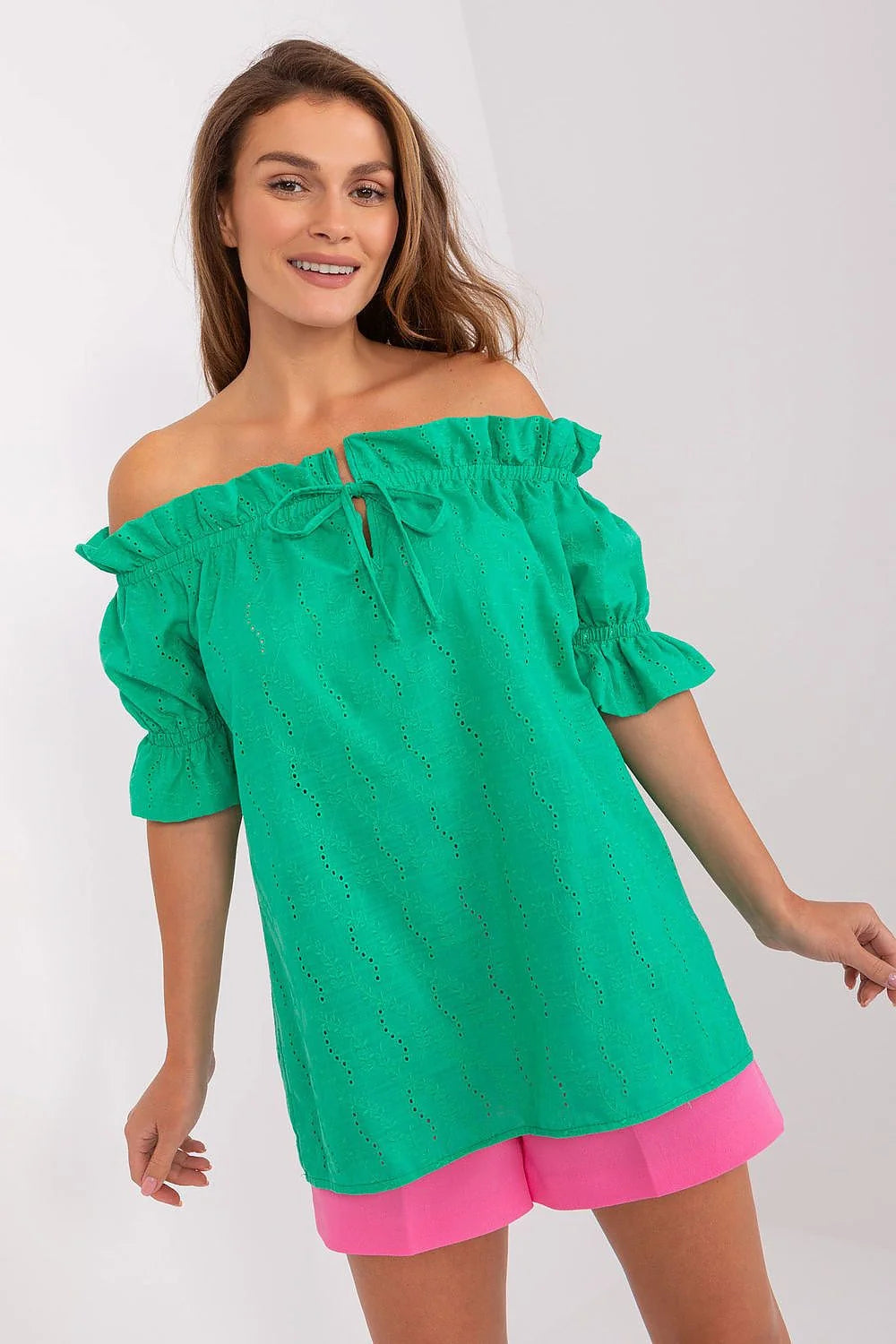 Chemisier femme court espagnol col élastique volants tissu vert brodé coton 100% Taille S/M L/XL occasion estivale style décontracté