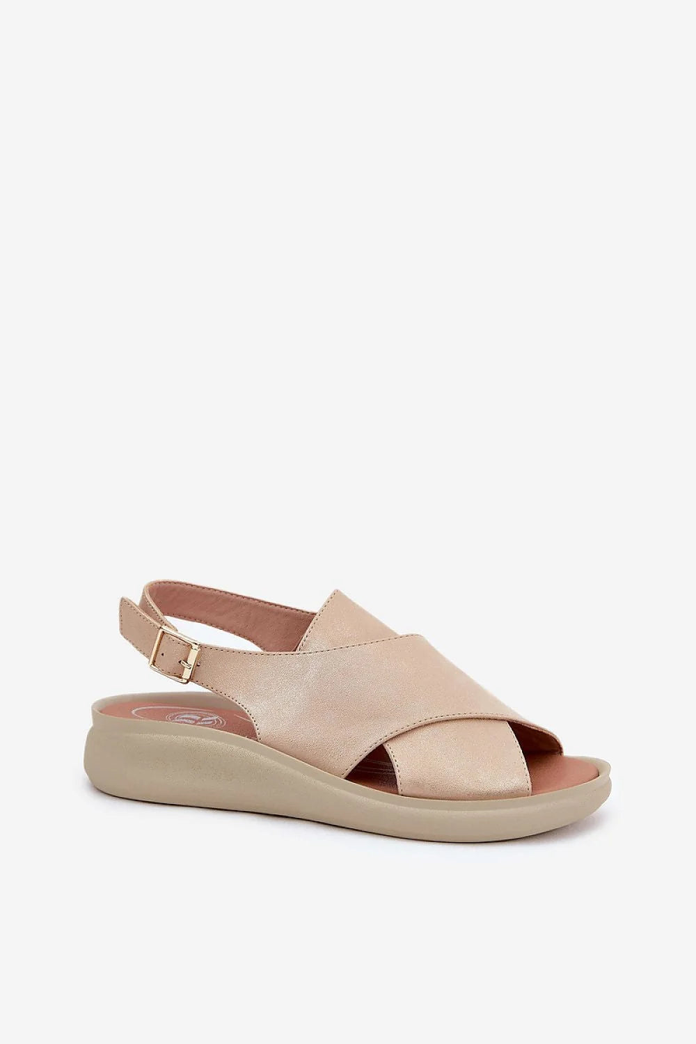 sandales jezzi cuir artificiel doré clair brides croisées bride arrière réglable boucle semelle beige amortie talon 4cm confortable chic été